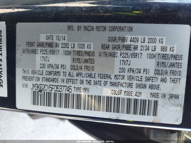 Aukcja sprzedaży 2015 Mazda Cx-5 Touring, vin: JM3KE2CY5F0537745, numer aukcji: 44604366