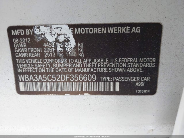 44604370 :رقم المزاد ، WBA3A5C52DF356609 vin ، 2013 Bmw 328i مزاد بيع