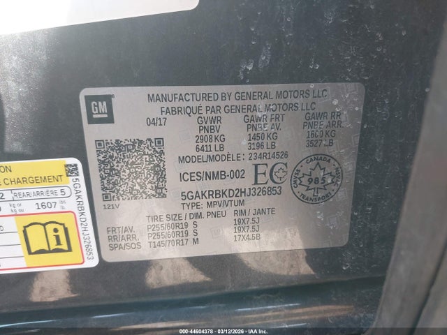44604378 :رقم المزاد ، 5GAKRBKD2HJ326853 vin ، 2017 Buick Enclave Leather مزاد بيع