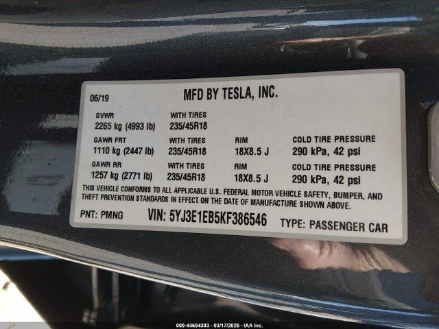 2019 Tesla Model 3 Long Range/performance მანქანა იყიდება აუქციონზე, vin: 5YJ3E1EB5KF386546, აუქციონის ნომერი: 44604393
