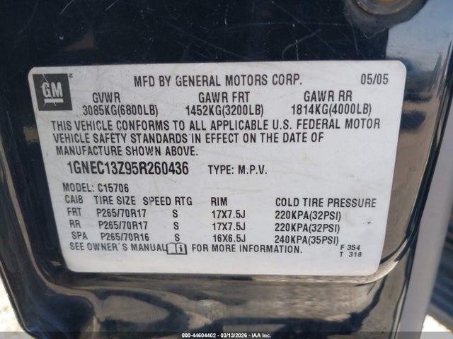 2005 Chevrolet Tahoe Lt მანქანა იყიდება აუქციონზე, vin: 1GNEC13Z95R260436, აუქციონის ნომერი: 44604402