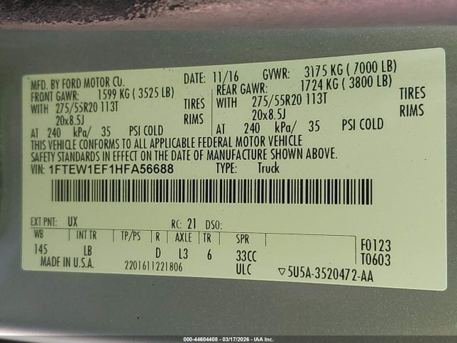 44604408 :رقم المزاد ، 1FTEW1EF1HFA56688 vin ، 2017 Ford F-150 Lariat مزاد بيع