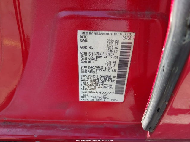 44604419 :رقم المزاد ، 1N6AD09UX9C407279 vin ، 2009 Nissan Frontier Se مزاد بيع