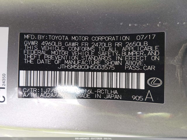 Aukcja sprzedaży 2017 Lexus Rc 300, vin: JTHSM5BC0H5003575, numer aukcji: 44604423