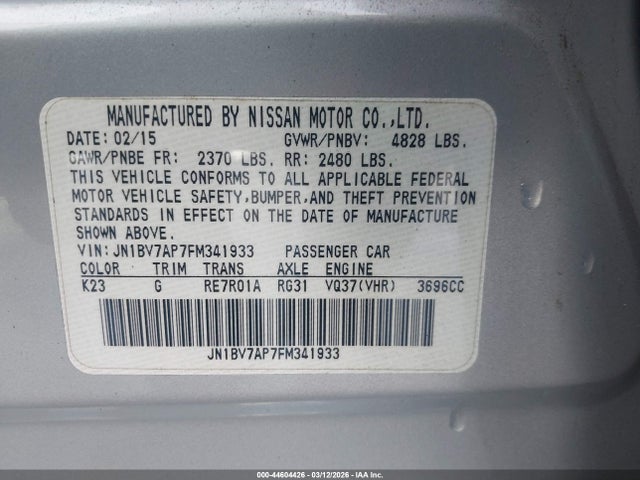 2015 Infiniti Q50 Premium მანქანა იყიდება აუქციონზე, vin: JN1BV7AP7FM341933, აუქციონის ნომერი: 44604426