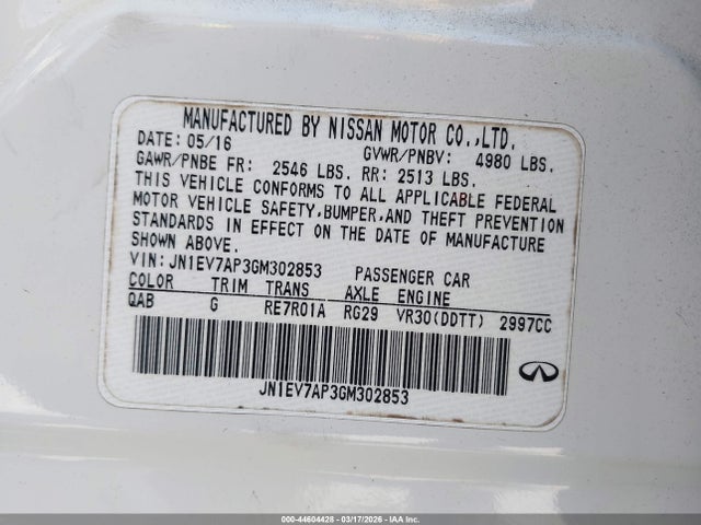 Продаж на аукціоні авто 2016 Infiniti Q50 3.0t Premium, vin: JN1EV7AP3GM302853, номер лоту: 44604428