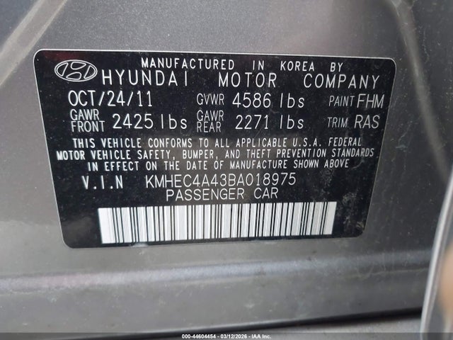 Продаж на аукціоні авто 2011 Hyundai Sonata Hybrid, vin: KMHEC4A43BA018975, номер лоту: 44604454