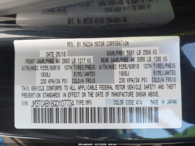 Aukcja sprzedaży 2016 Mazda Cx-9 Sport, vin: JM3TCABY8G0107764, numer aukcji: 44604461