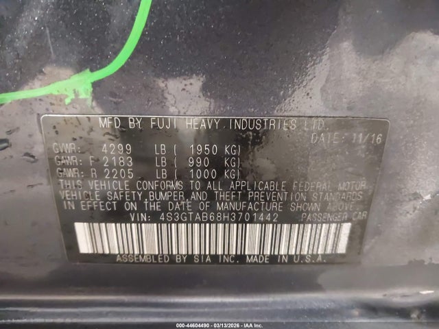 2017 Subaru Impreza Premium მანქანა იყიდება აუქციონზე, vin: 4S3GTAB68H3701442, აუქციონის ნომერი: 44604490