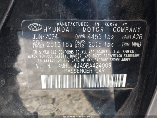 44604502 :رقم المزاد ، KMHL14JA5RA424009 vin ، 2024 Hyundai Sonata Sel مزاد بيع