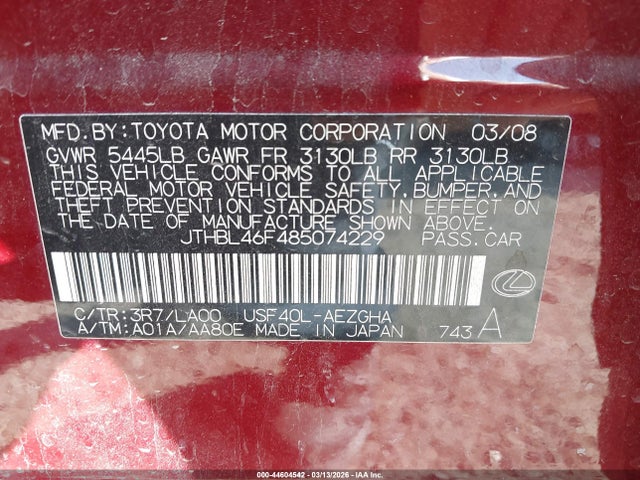 Aukcja sprzedaży 2008 Lexus Ls 460, vin: JTHBL46F485074229, numer aukcji: 44604542