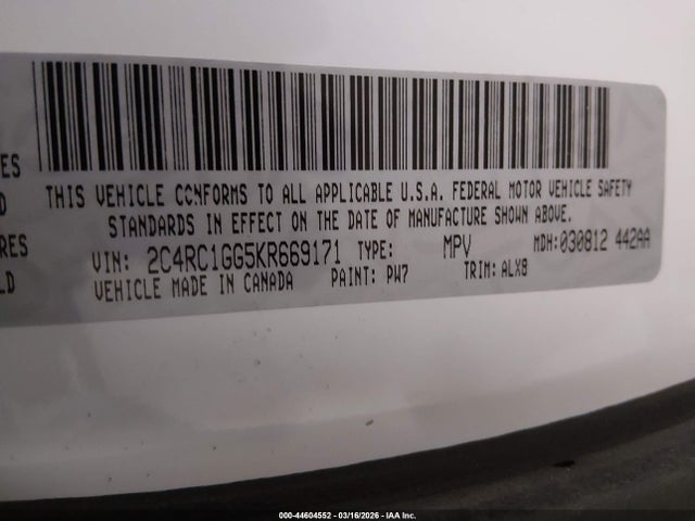 Aukcja sprzedaży 2019 Chrysler Pacifica Limited, vin: 2C4RC1GG5KR669171, numer aukcji: 44604552