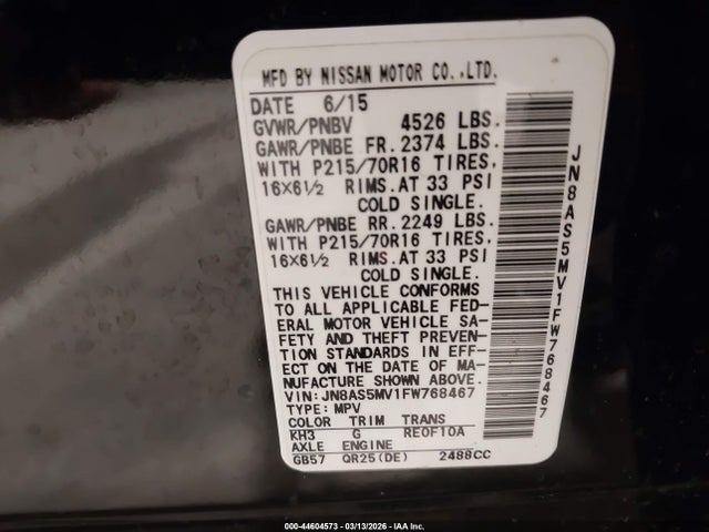 JN8AS5MV1FW768467 Nissan Rogue Select S