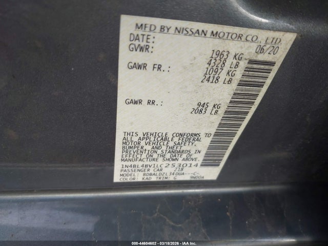 Aukcja sprzedaży 2020 Nissan Altima S Fwd, vin: 1N4BL4BV1LC253014, numer aukcji: 44604602