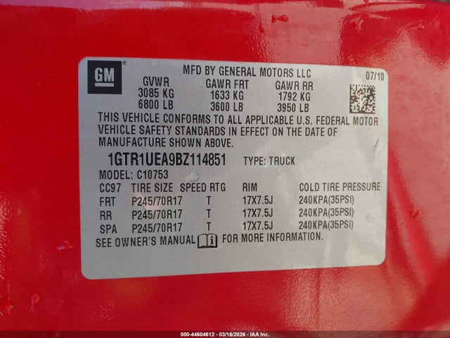 44604612 :رقم المزاد ، 1GTR1UEA9BZ114851 vin ، 2011 Gmc Sierra 1500 Sl مزاد بيع