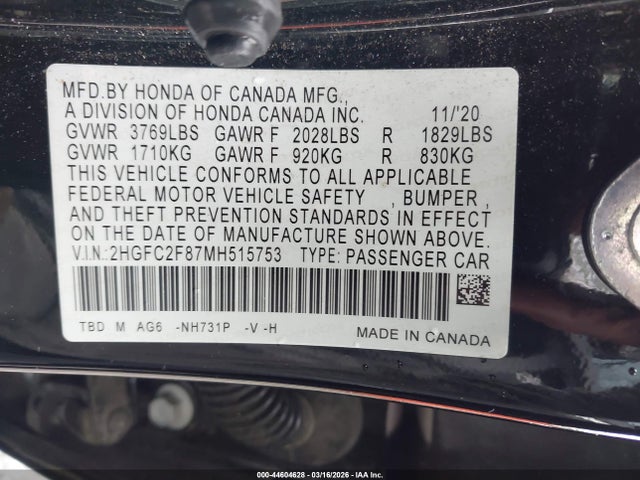 Продажа на аукционе авто 2021 Honda Civic Sport, vin: 2HGFC2F87MH515753, номер лота: 44604628