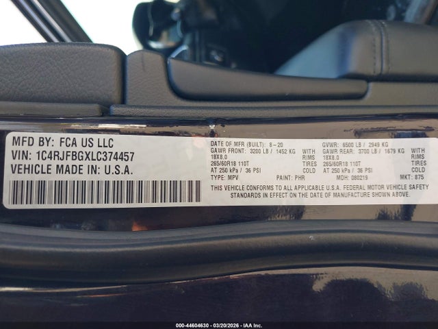 44604630 :رقم المزاد ، 1C4RJFBGXLC374457 vin ، 2020 Jeep Grand Cherokee Limited 4x4 مزاد بيع