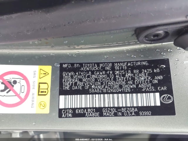 44604637 :رقم المزاد ، 58ABZ1B12KU041126 vin ، 2019 Lexus Es 350 مزاد بيع