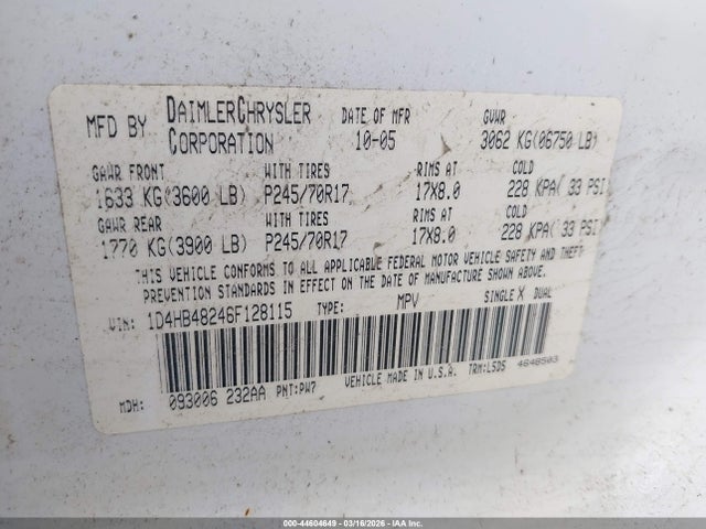 44604649 :رقم المزاد ، 1D4HB48246F128115 vin ، 2006 Dodge Durango Slt مزاد بيع