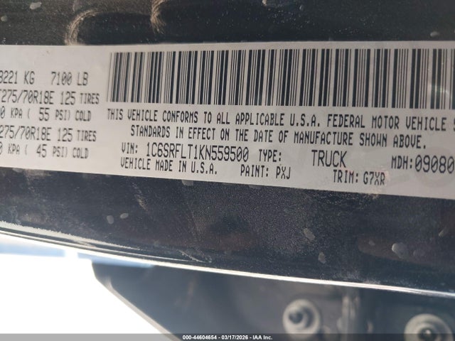 44604654 :رقم المزاد ، 1C6SRFLT1KN559500 vin ، 2019 Ram 1500 Rebel  4x4 5'7 Box مزاد بيع