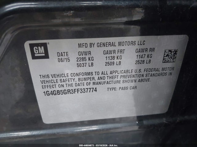 2015 Buick Lacrosse Leather მანქანა იყიდება აუქციონზე, vin: 1G4GB5GR3FF337774, აუქციონის ნომერი: 44604673