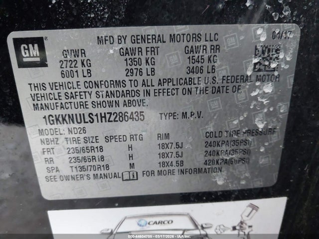 Aukcja sprzedaży 2017 Gmc Acadia Slt-1, vin: 1GKKNULS1HZ286435, numer aukcji: 44604705