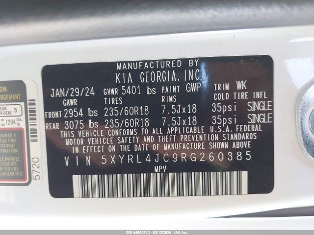 2024 Kia Sorento S მანქანა იყიდება აუქციონზე, vin: 5XYRL4JC9RG260385, აუქციონის ნომერი: 44604740
