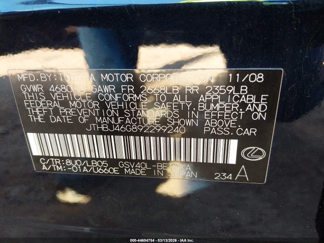 44604754 :رقم المزاد ، JTHBJ46G892299240 vin ، 2009 Lexus Es 350 مزاد بيع