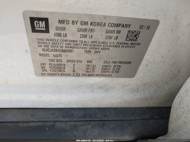 44604755 :رقم المزاد ، KL4CJASB4GB669881 vin ، 2016 Buick Encore مزاد بيع