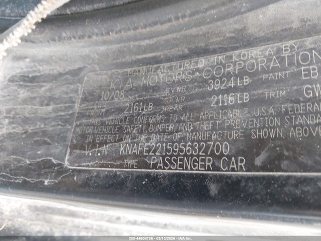 2009 Kia Spectra Lx მანქანა იყიდება აუქციონზე, vin: KNAFE221595632700, აუქციონის ნომერი: 44604756
