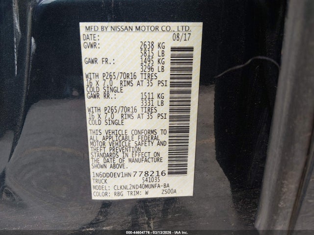 1N6DD0EV1HN778216 Nissan Frontier Sv