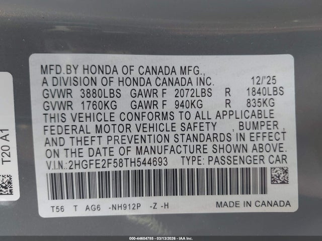 44604785 :رقم المزاد ، 2HGFE2F58TH544693 vin ، 2026 Honda Civic Sport مزاد بيع