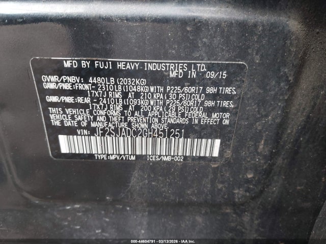Продаж на аукціоні авто 2016 Subaru Forester 2.5i Premium, vin: JF2SJADC2GH451251, номер лоту: 44604791
