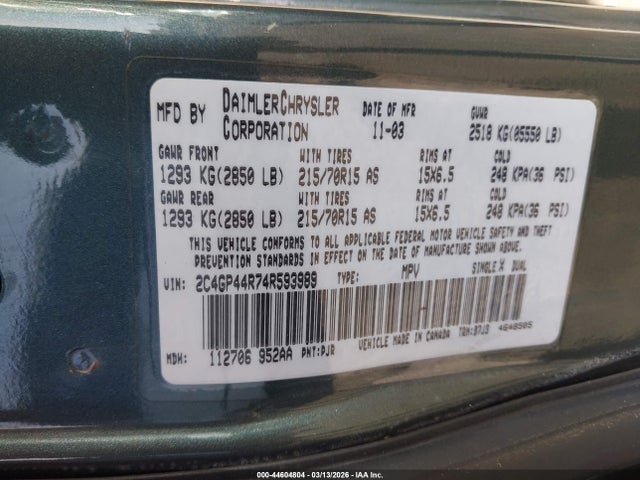 2004 Chrysler Town & Country Lx მანქანა იყიდება აუქციონზე, vin: 2C4GP44R74R593989, აუქციონის ნომერი: 44604804