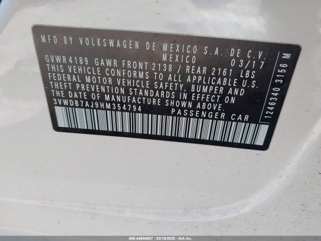 Aukcja sprzedaży 2017 Volkswagen Jetta 1.4t Se, vin: 3VWDB7AJ9HM354794, numer aukcji: 44604807