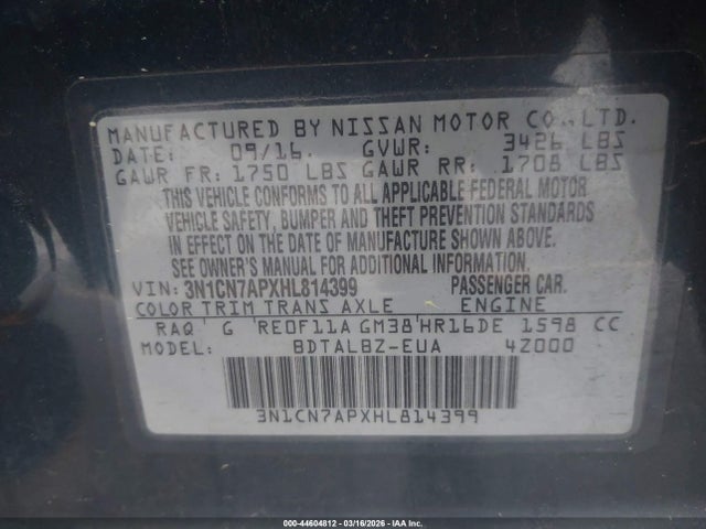Продаж на аукціоні авто 2017 Nissan Versa 1.6 S/1.6 S+/1.6 Sl/1.6 Sv, vin: 3N1CN7APXHL814399, номер лоту: 44604812