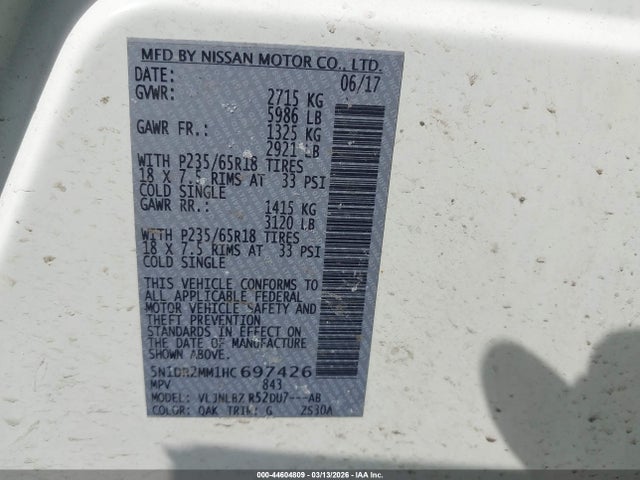 Aukcja sprzedaży 2017 Nissan Pathfinder S, vin: 5N1DR2MM1HC697426, numer aukcji: 44604809