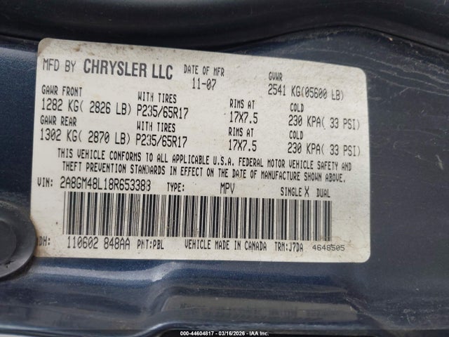 44604817 :رقم المزاد ، 2A8GM48L18R653388 vin ، 2008 Chrysler Pacifica Lx مزاد بيع