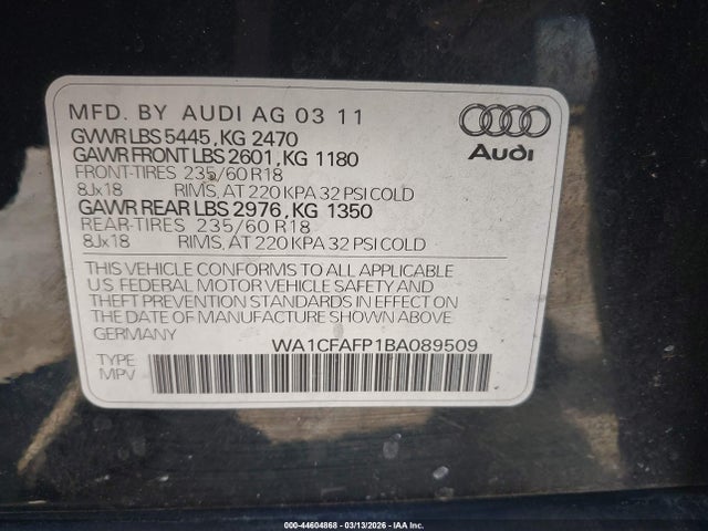 Aukcja sprzedaży 2011 Audi Q5 2.0t Premium, vin: WA1CFAFP1BA089509, numer aukcji: 44604868