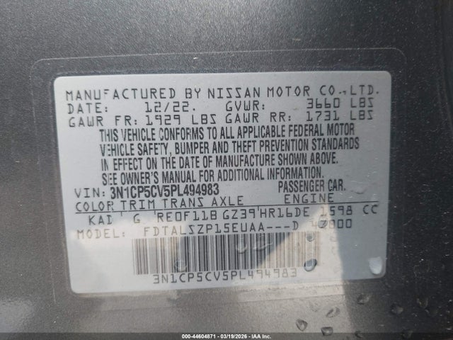Aukcja sprzedaży 2023 Nissan Kicks Sv Xtronic Cvt, vin: 3N1CP5CV5PL494983, numer aukcji: 44604871