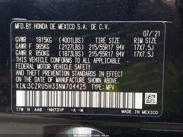44604879 :رقم المزاد ، 3CZRU5H33NM704425 vin ، 2022 Honda Hr-v 2wd Lx مزاد بيع