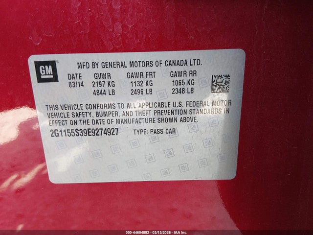 Aukcja sprzedaży 2014 Chevrolet Impala 2lz, vin: 2G1155S39E9274927, numer aukcji: 44604882