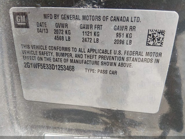 Aukcja sprzedaży 2013 Chevrolet Impala Ls, vin: 2G1WF5E33D1253468, numer aukcji: 44604890