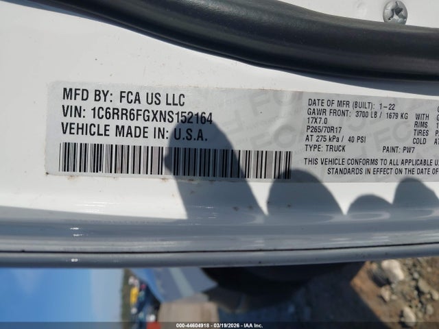 Продажа на аукционе авто 2022 Ram 1500 Classic Tradesman  4x2 6'4 Box, vin: 1C6RR6FGXNS152164, номер лота: 44604918