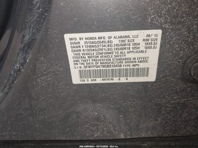 Продажа на аукционе авто 2016 Honda Pilot Ex-l, vin: 5FNYF5H79GB010456, номер лота: 44604924