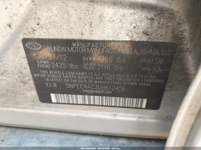 44604930 :رقم المزاد ، 5NPEC4AC3DH612456 vin ، 2013 Hyundai Sonata Limited مزاد بيع