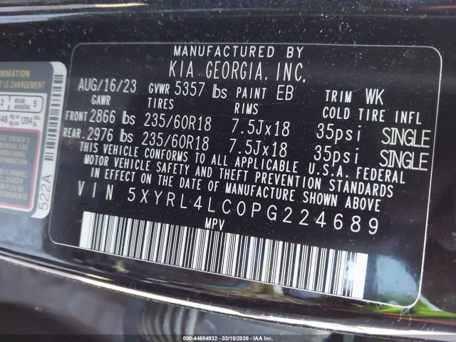 Продажа на аукционе авто 2023 Kia Sorento S, vin: 5XYRL4LC0PG224689, номер лота: 44604932