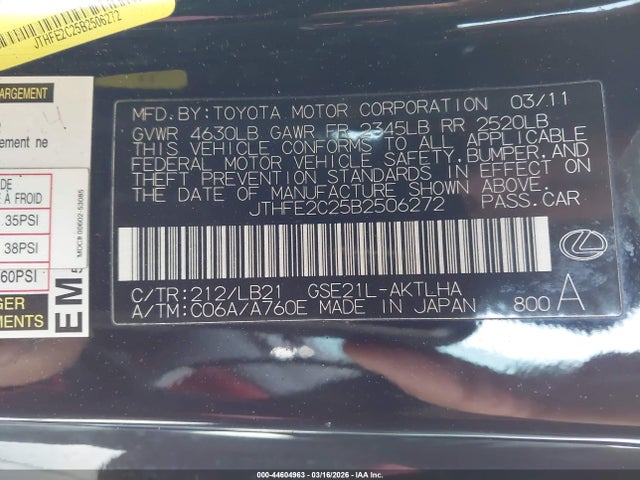 Продаж на аукціоні авто 2011 Lexus Is 350c, vin: JTHFE2C25B2506272, номер лоту: 44604963