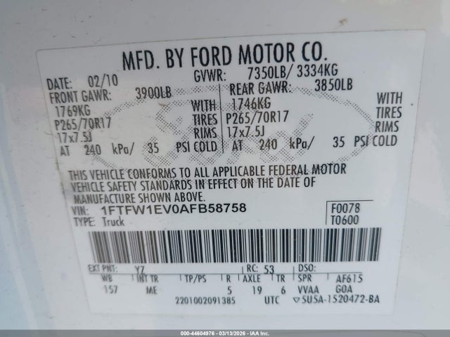 2010 Ford F-150 Fx4/harley-davidson/king Ranch/lariat/platinum/xl/xlt მანქანა იყიდება აუქციონზე, vin: 1FTFW1EV0AFB58758, აუქციონის ნომერი: 44604976