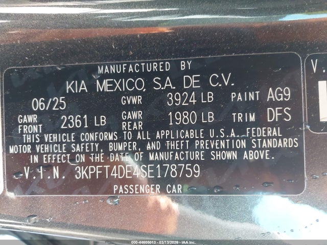44605013 :رقم المزاد ، 3KPFT4DE4SE178759 vin ، 2025 Kia K4 Lxs مزاد بيع